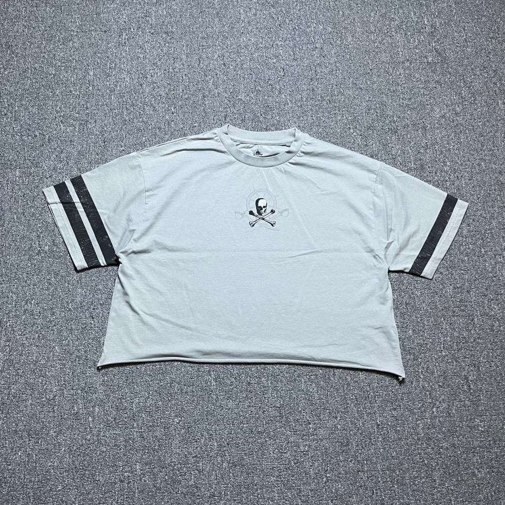 Disney Pirates of the Caribbean Crop Top Size M‎ Gray Skull Varsity Stripe Tee